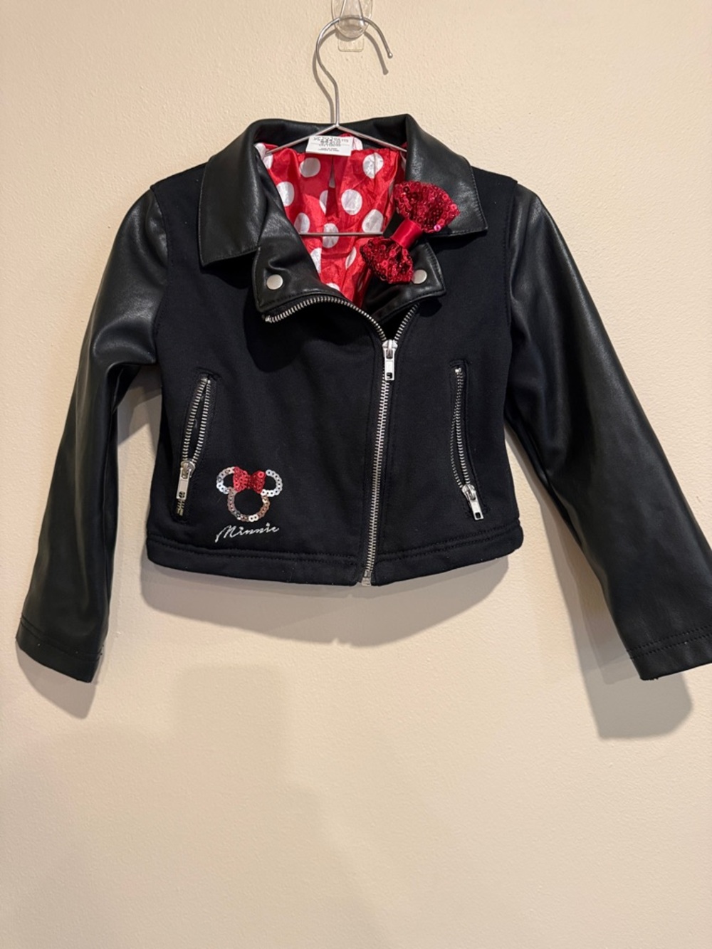 Disney Minnie Mouse Black Faux Leather Jacket Red Polka Dot Lining sequence bow